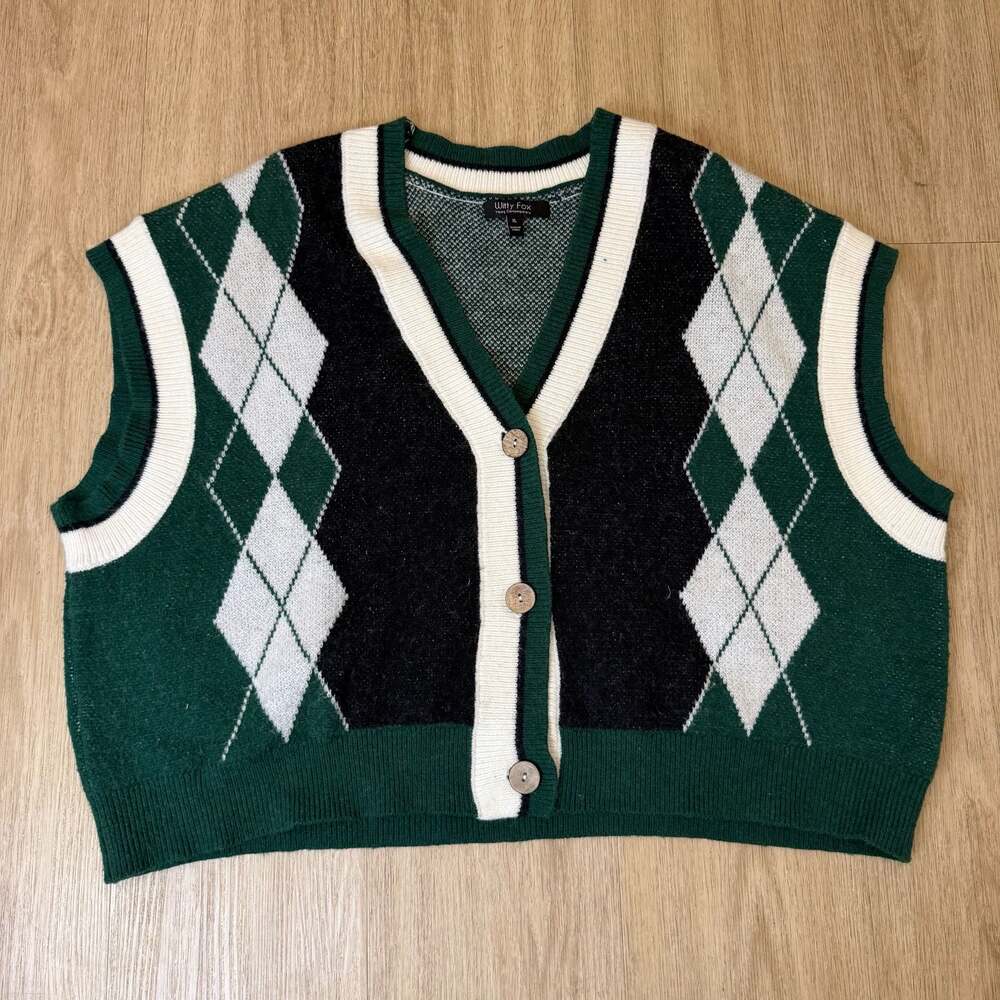 Vintage Witty Fox Argyle V-Neck Button Front Sweater Vest Size XL